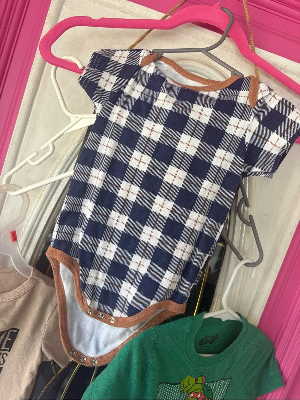 The Children's Place Navy & White Plaid Short-Sleeve Bodysuit with Brown Trim